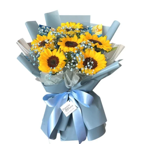 Buque Linha Premium com 6 a 8 Girassóis Gypsofila Azul