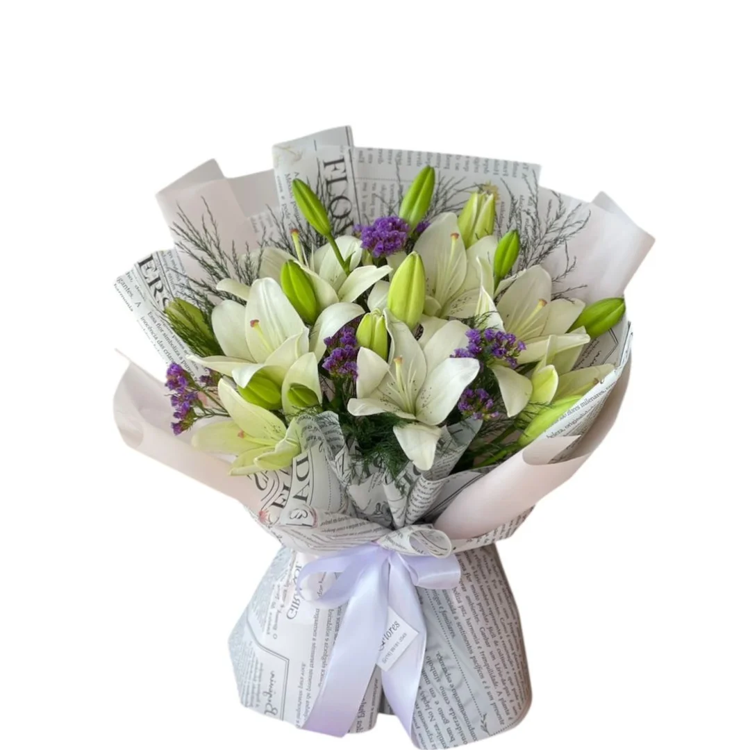 Buque Linha Premium com Flores de Lirio e Statice